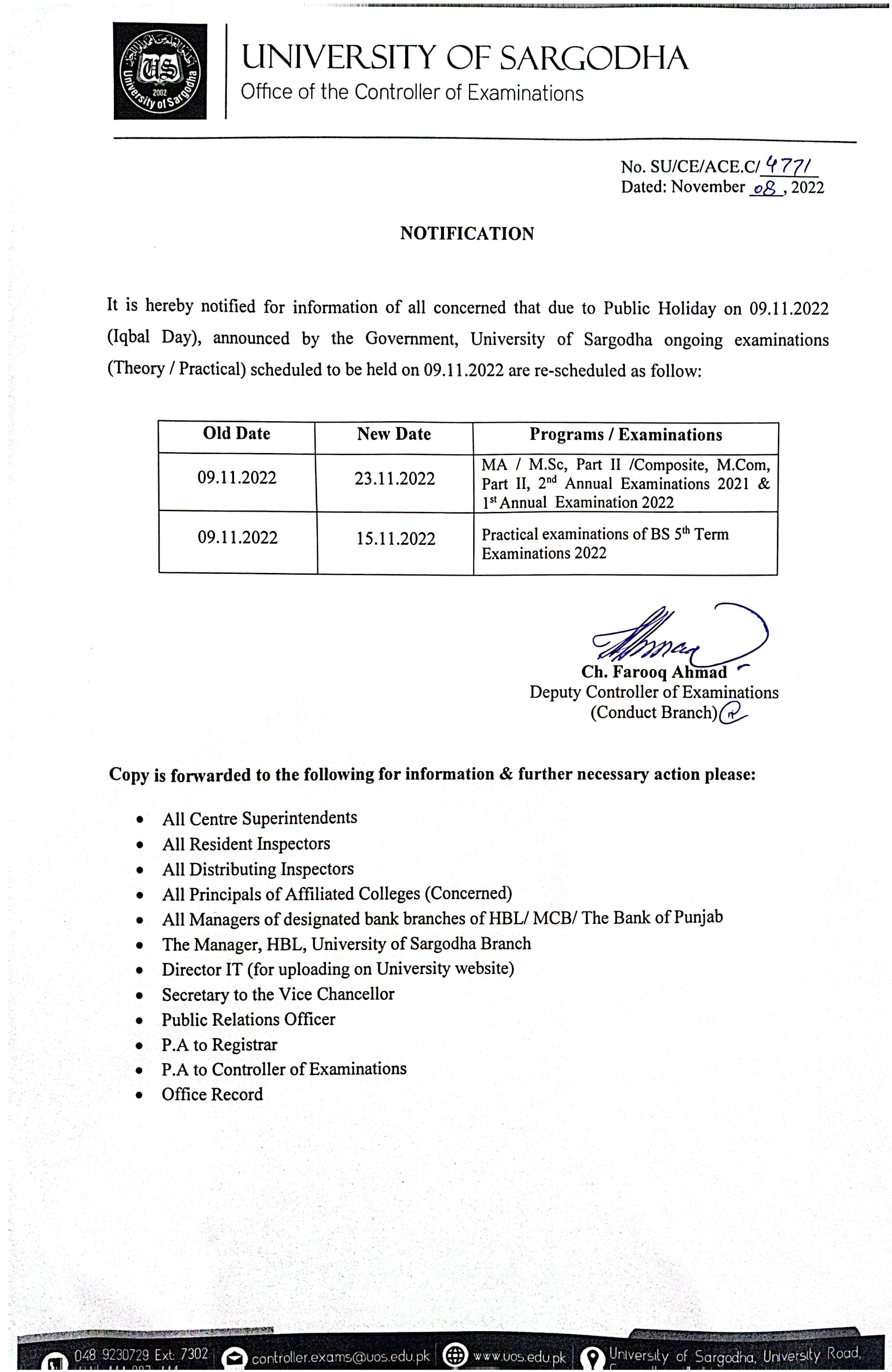 Re-Schedule of Exam (09-11-2022)